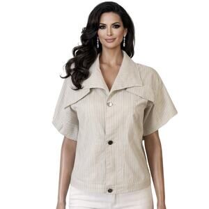 Like an Angel Jacket Womens Size 1X Beige White Stripped Linen Blend New